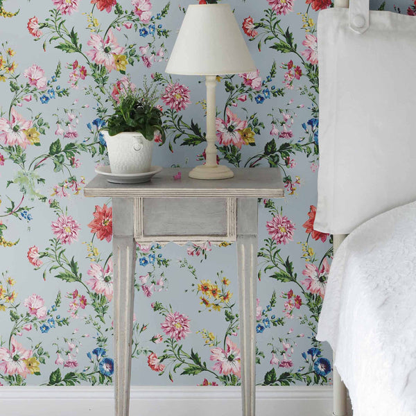 Flower Power Floral Pale Blue Wallpaper Sample