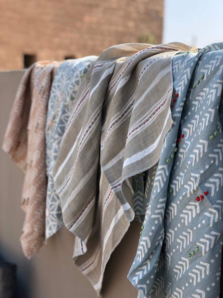 Dabu Stripe Natural Embroidered Fabric Sample
