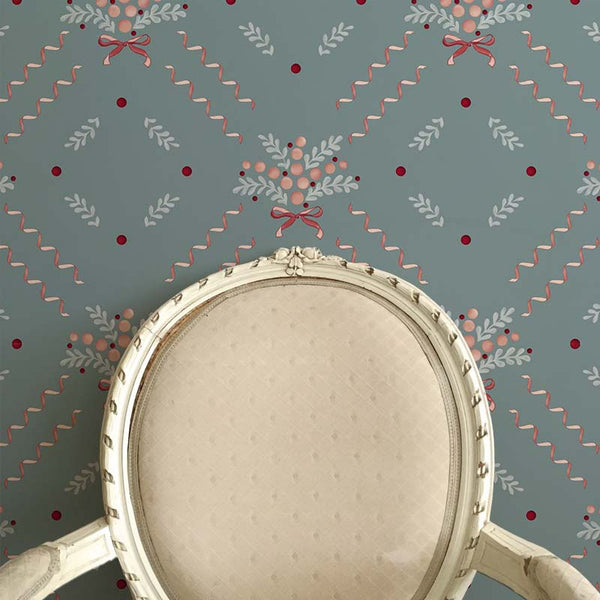 Berries and Bows Blue Wallpaper Sample