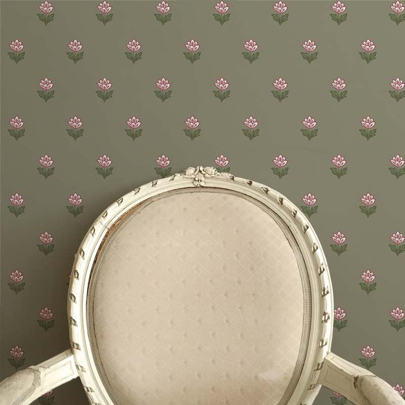 Indian Tulips Green and Burgundy Wallpaper Sample
