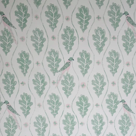 Parakeets in the Oak Pale Pink Wallpaper
